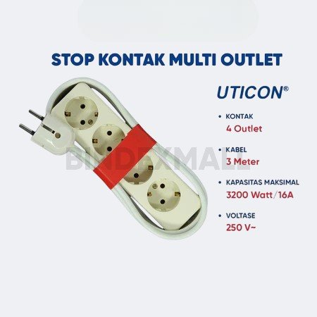 Bambi Colokan Kabel Stop Kontak 4 Lubang Kabel 3 Meter Merk Uticon Original