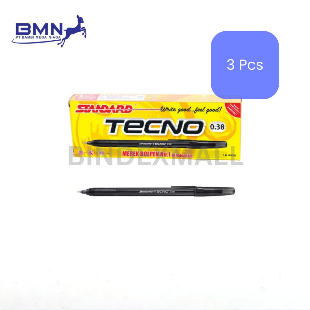 5 Pulpen Standard Tecno 3 pcs tinta halus dengan pegangan nyaman untuk sekolah kuliah kantor dan catatan harian