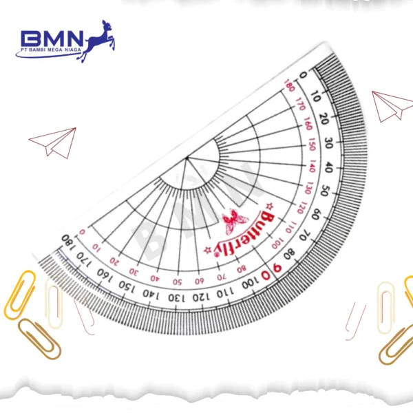 Busur derajat Butterfly 180 derajat plastik transparan tampak depan