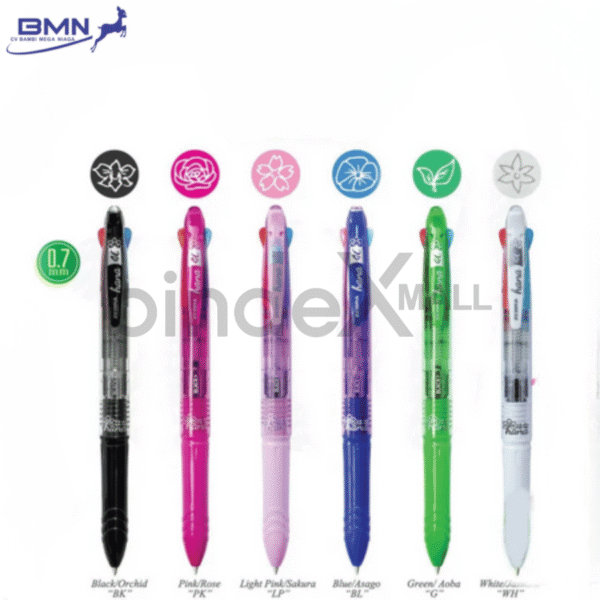 Pulpen 4 warna Zebra Hana 0.7mm desain bunga eksklusif tinta hitam biru merah hijau tersedia 6 pilihan warna bodi